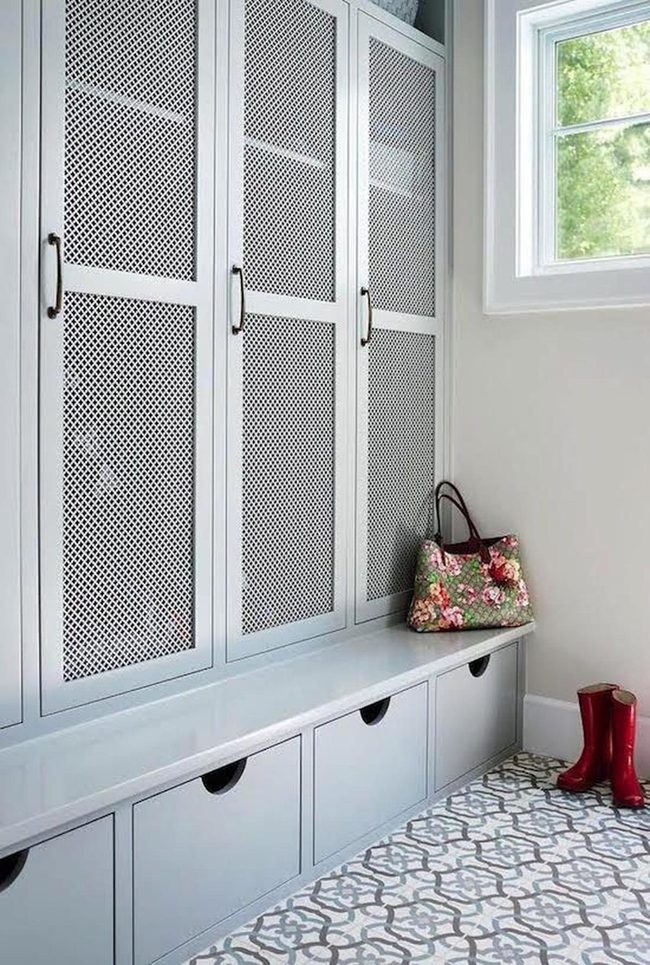 Gray Lattice Doors With Red Boots