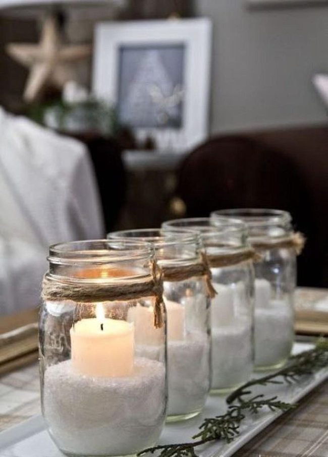 Snow-Filled Candles In Glass Jars