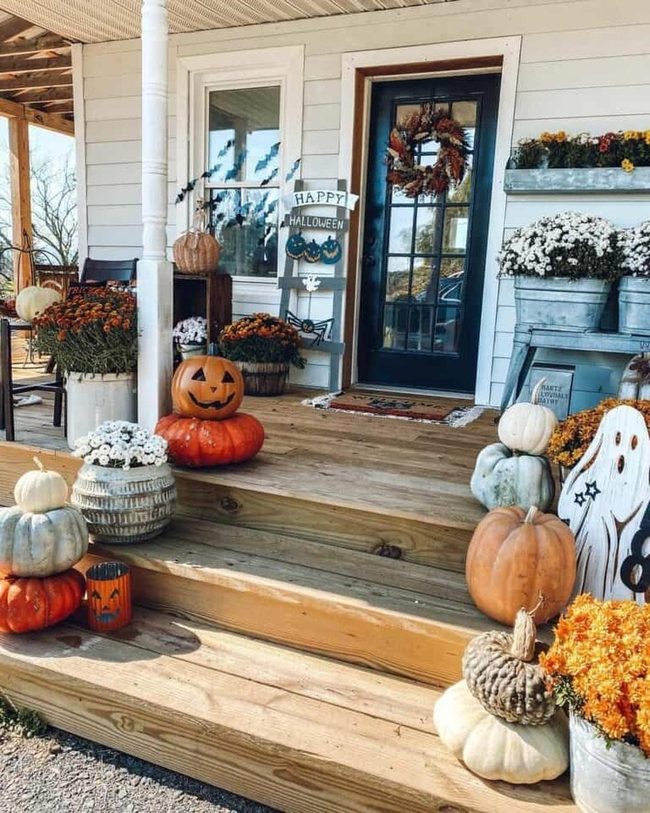 Orange Stacked Pumpkins with Purple Florals