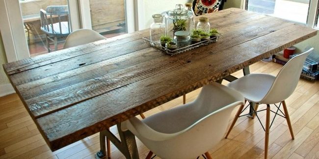 Raw Wood Meets Curved White Chairs