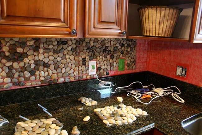 Stacked River Rock Kitchen Backsplash