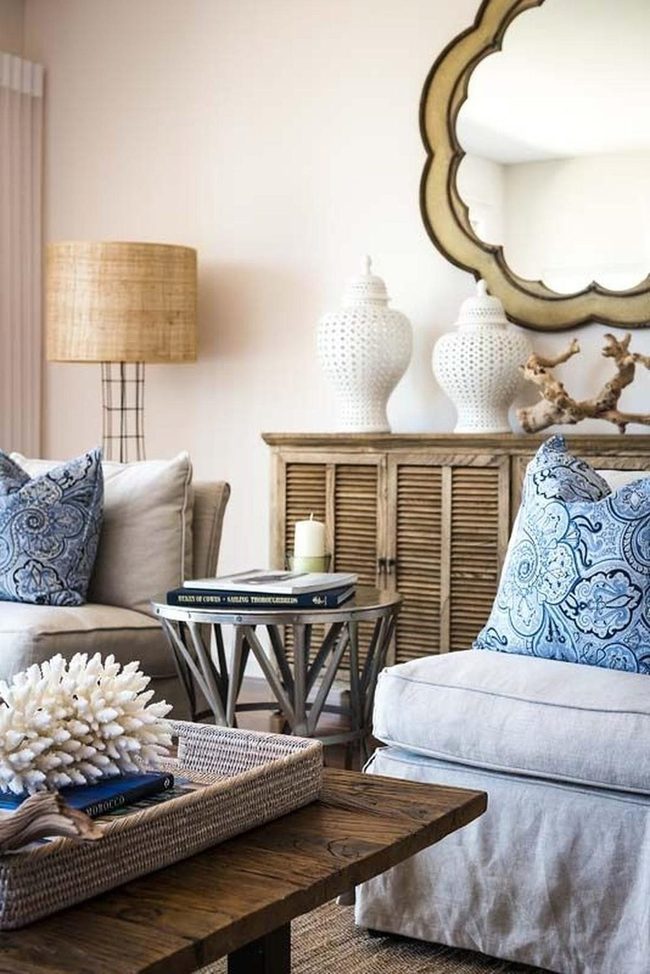 Scalloped Mirror Above Coastal Cabinet
