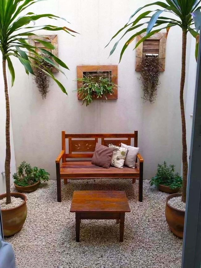 Tropical Courtyard Wooden Bench Escape