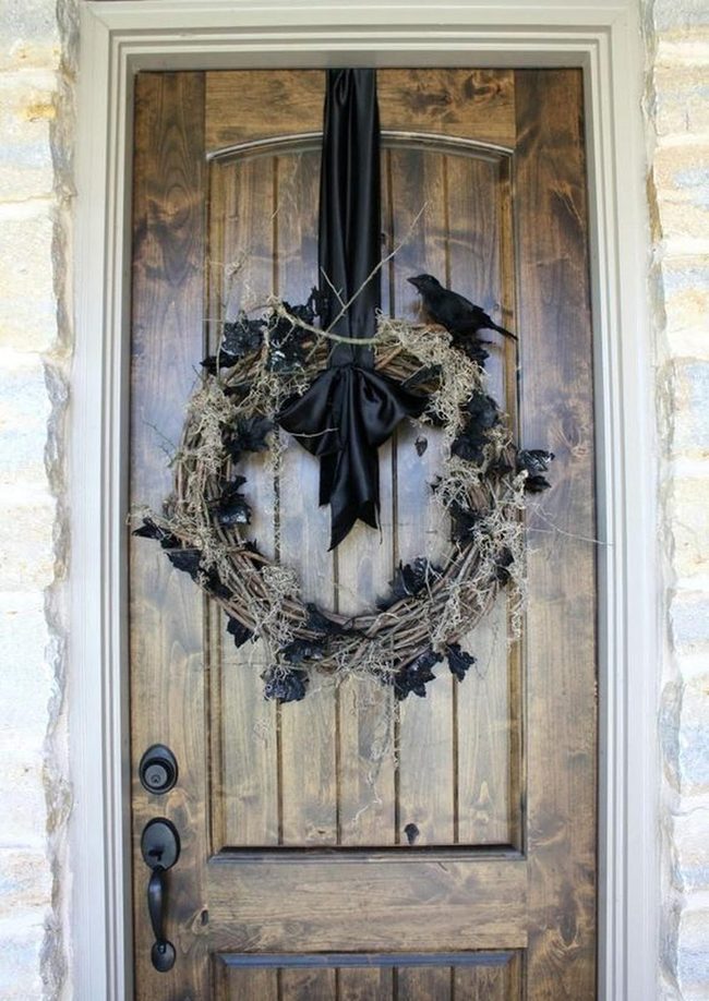 Brown Wood Doors Black Bird Wreath