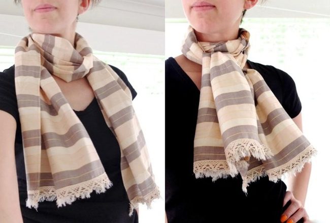Beige Gray Striped Lace Scarf