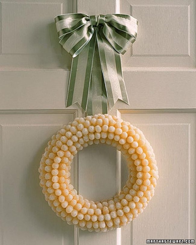 White Beaded Wreath Green Ribbon