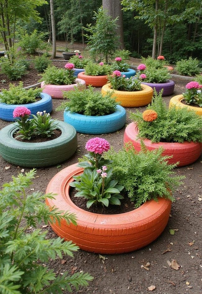 Painted Tire Planters For Landscapes