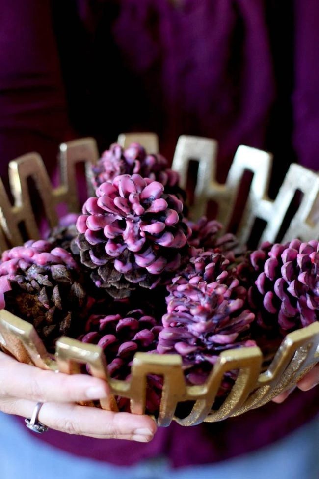 Purple Pinecones In Gold Bowls