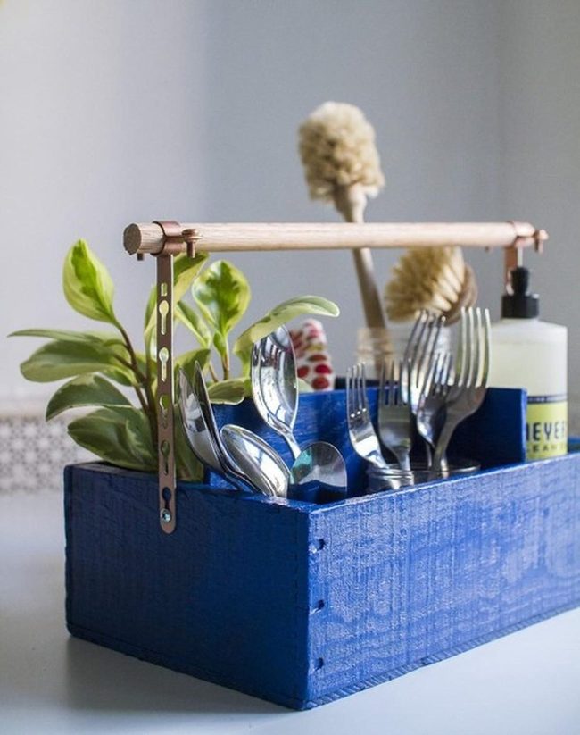 Blue Wood Kitchen Storage With Greenery