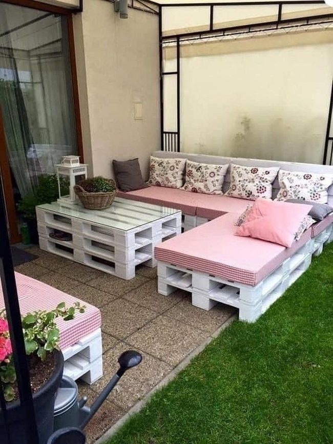 Green Plants Pink Cushions Wooden Pallet Patio