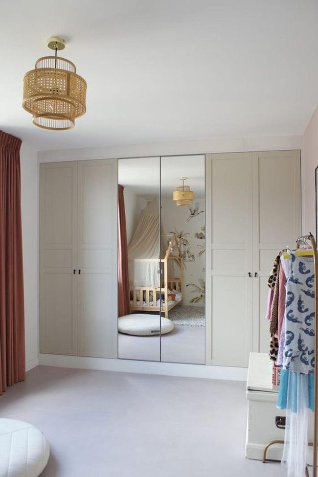 White Walls, Rust Curtains, Rattan Light