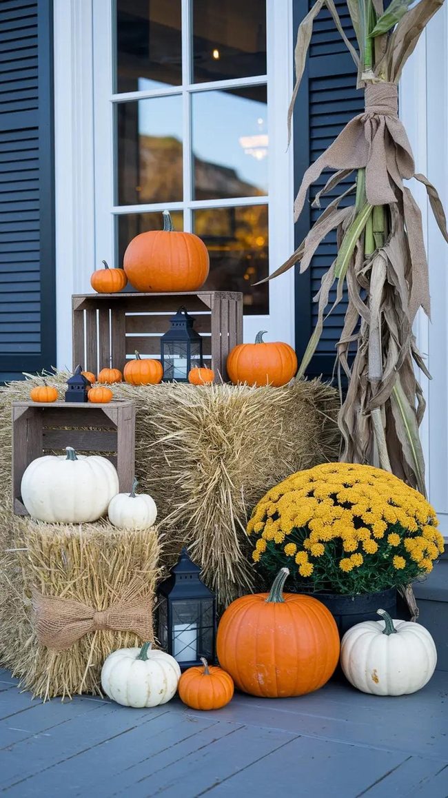 Cornstalks And Hay Bale Harvest