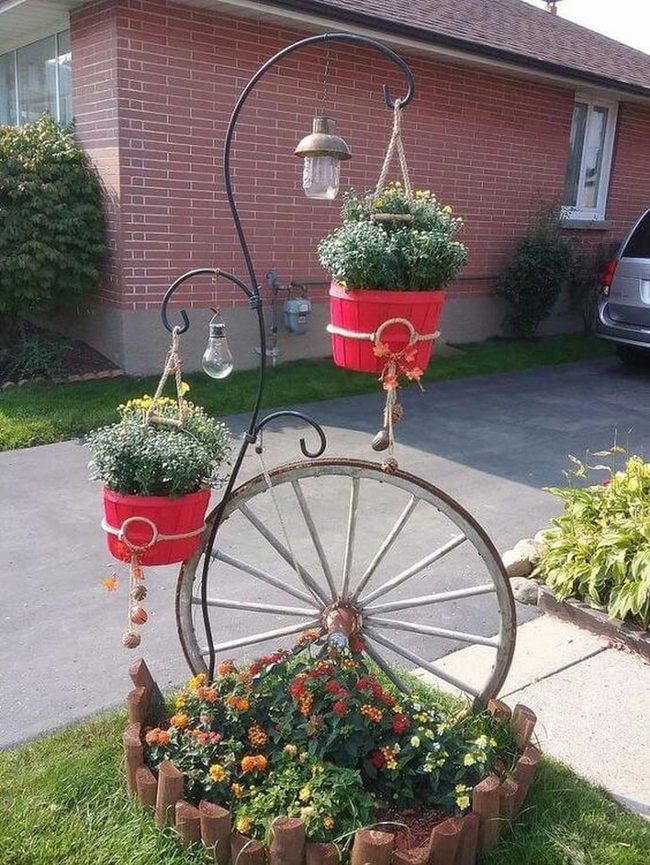 Wagon Wheels And Hanging Flowers