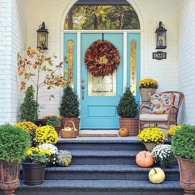 Cobalt Door Golden Mums Pumpkins