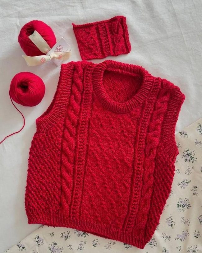 Red Cable Knit Vest With Intricate Stitching