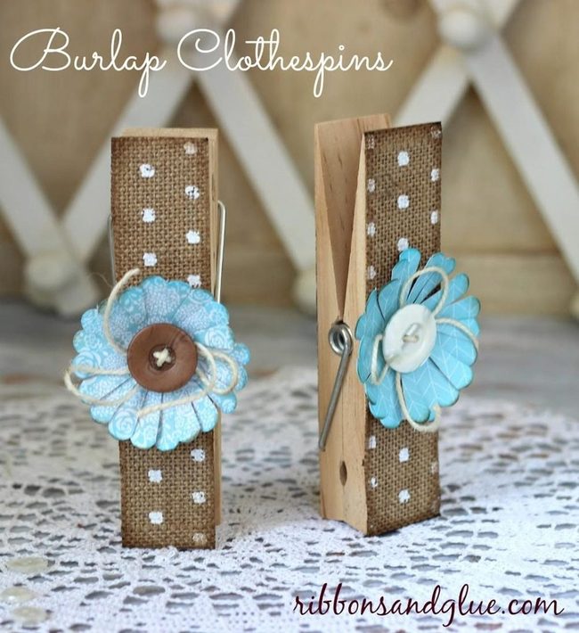 Blue Paper Flowers On Wooden Clothespins