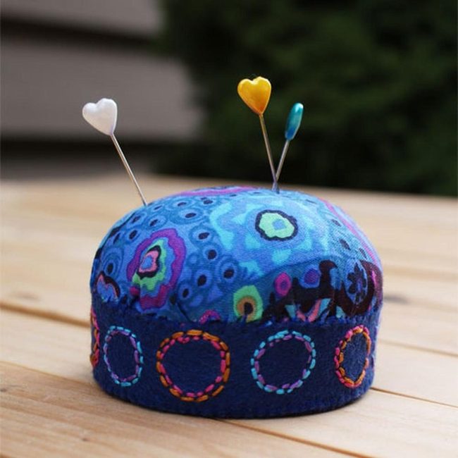 Blue Round Pincushion Colorful Patterns
