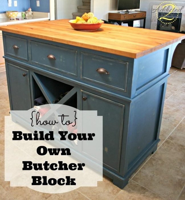Deep Blue Kitchen Island With Warm Wood
