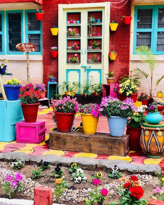 Colorful Pots Transform Garden Entry