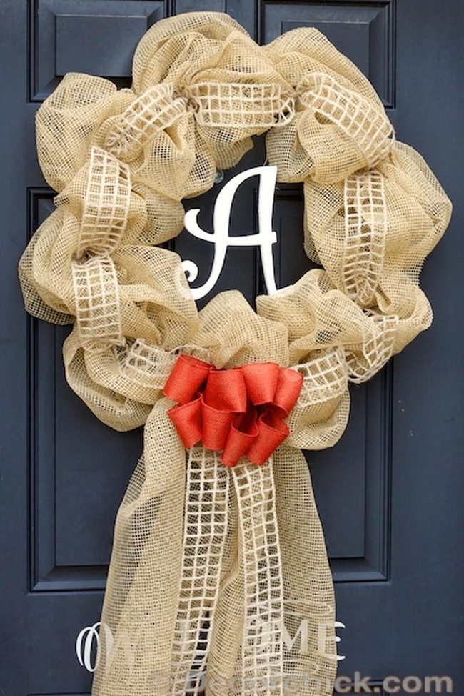 Burlap Wreath Red Bow Monogram