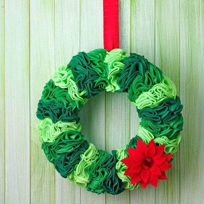 Green Fabric Wreath With Crimson Accent