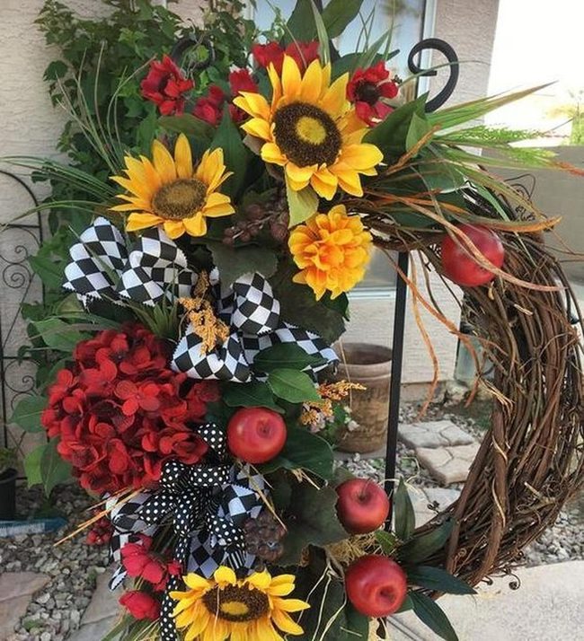 Yellow Sunflowers Red Apples Farmhouse Wreath
