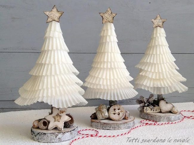 White Ruffled Paper Trees Natural Wood