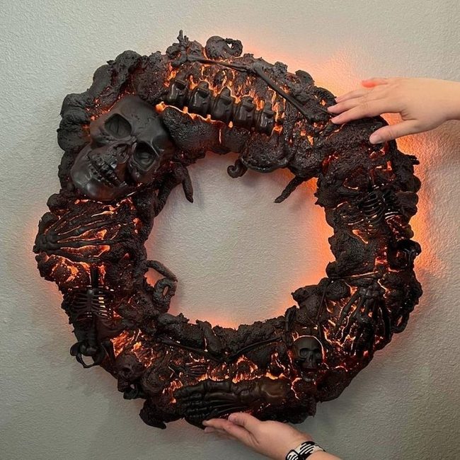 Orange Skeleton Wreath Halloween Door