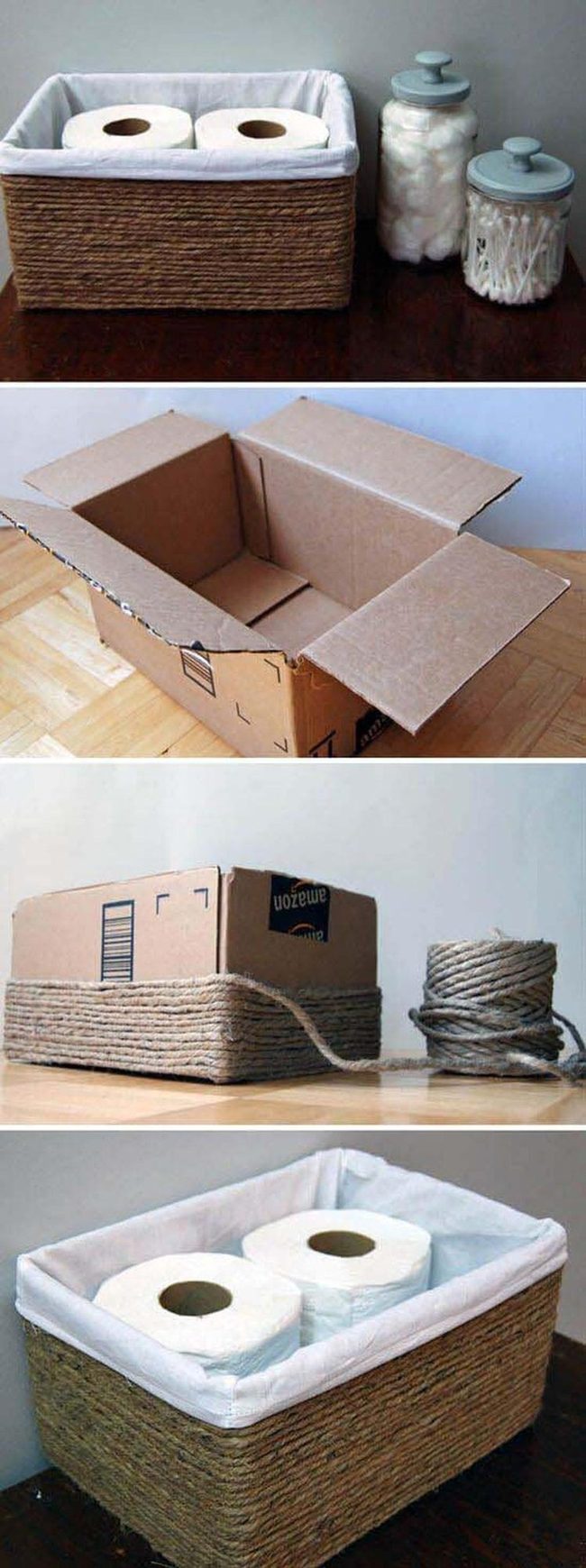 Twine-Wrapped Cardboard Bathroom Storage
