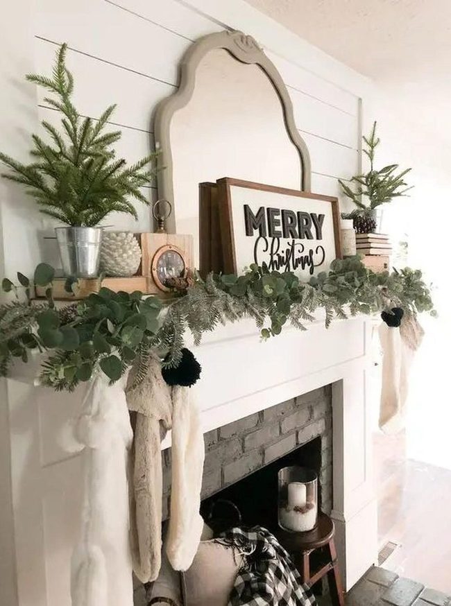 Green Garlands White Fireplace Glow
