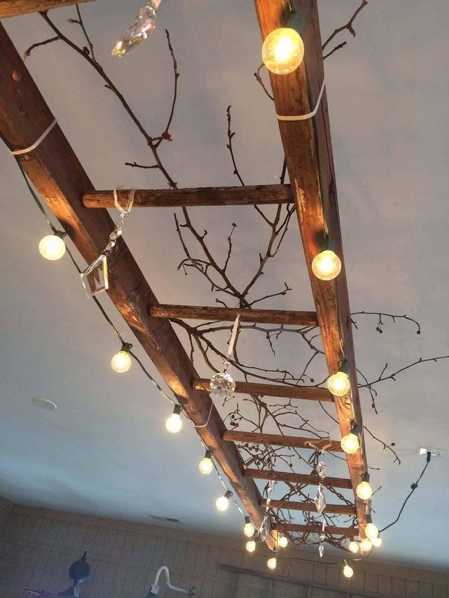 Wooden Ladder With Hanging Crystals