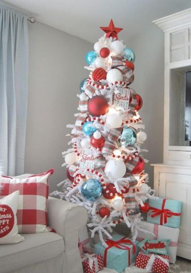 Red And Blue Ornaments On White Tree