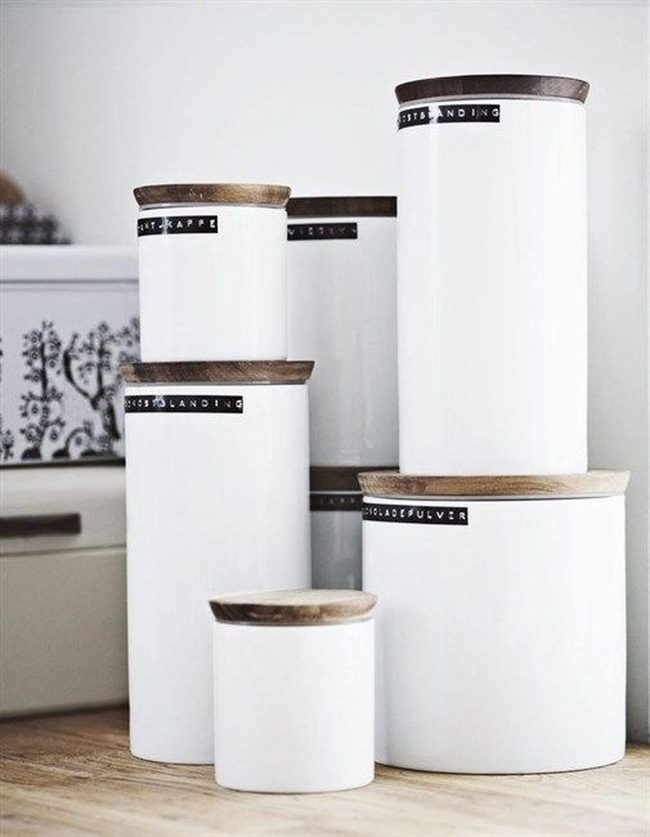White Ceramic Canisters With Wooden Lids