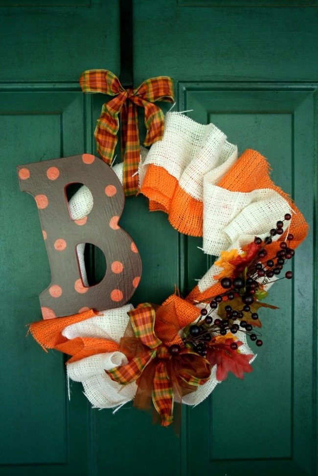 Orange Burlap Autumn Door Wreath