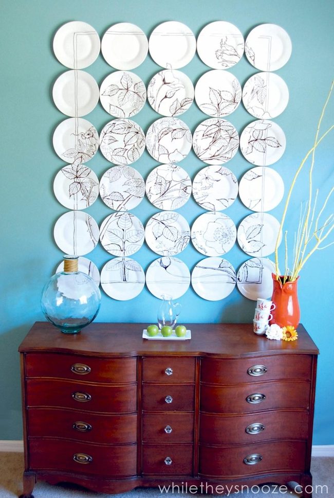 White Plates, Orange Ceramics, Blue-Green Wall