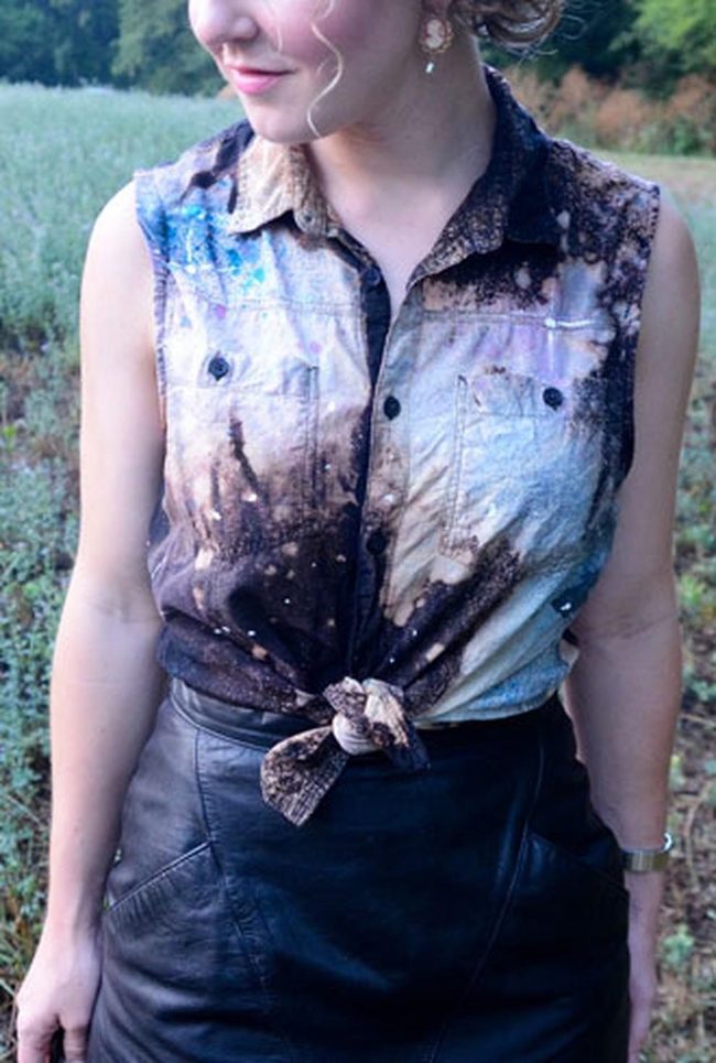 Blue Patterned Shirt With Black Leather