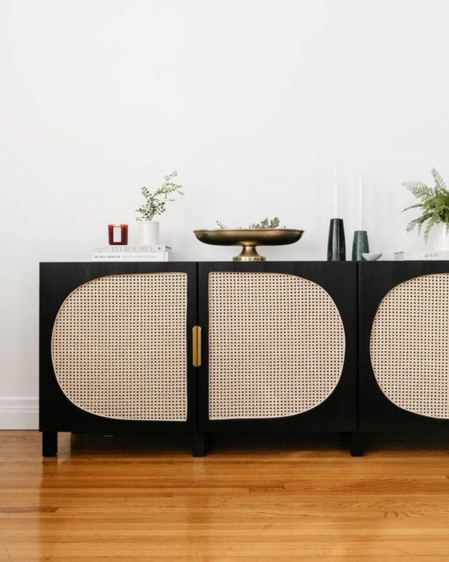 Black Cabinets With Woven Light Panels