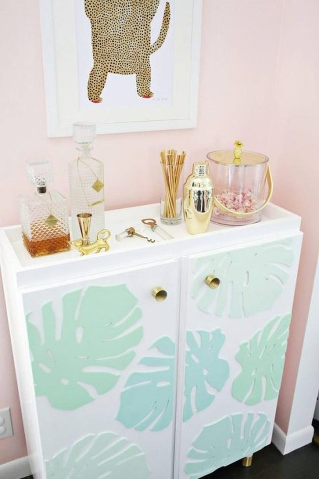 Mint Green Botanical Cabinet Pink Walls