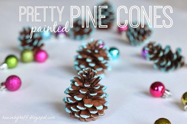 Blue-Tipped Pine Cones With Ornaments