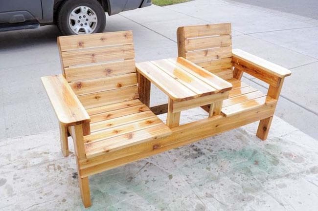 Light Wood Bench With Built-In Table