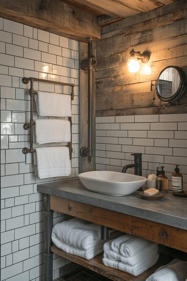 Iron Pipe Accents in Industrial Bathroom