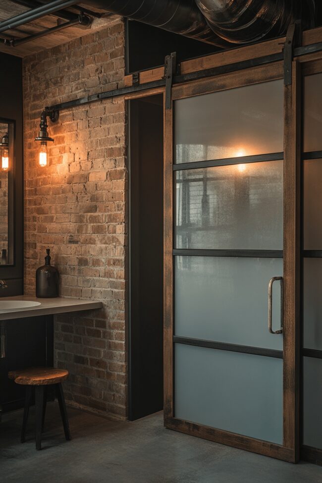 Frosted Glass Dividers in Industrial Bathroom