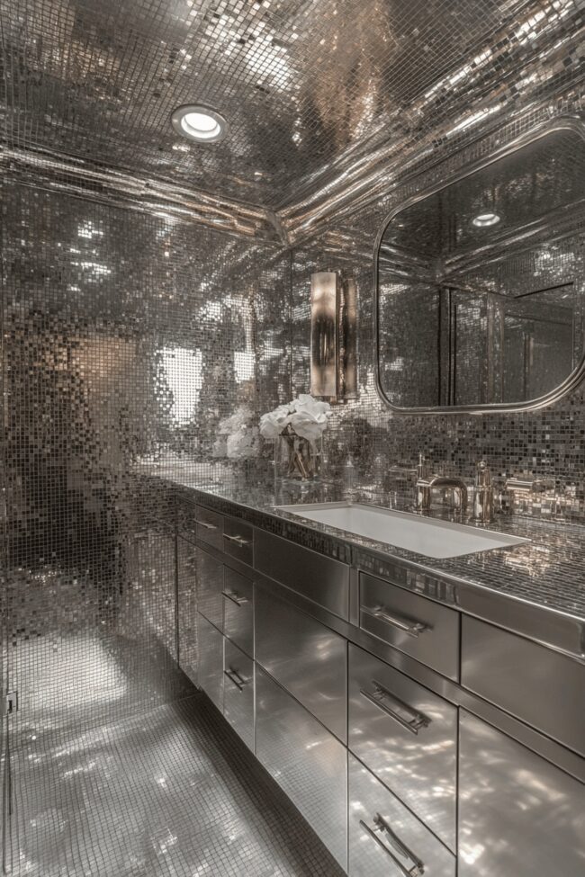Polished Metal Surfaces in Industrial Bathroom