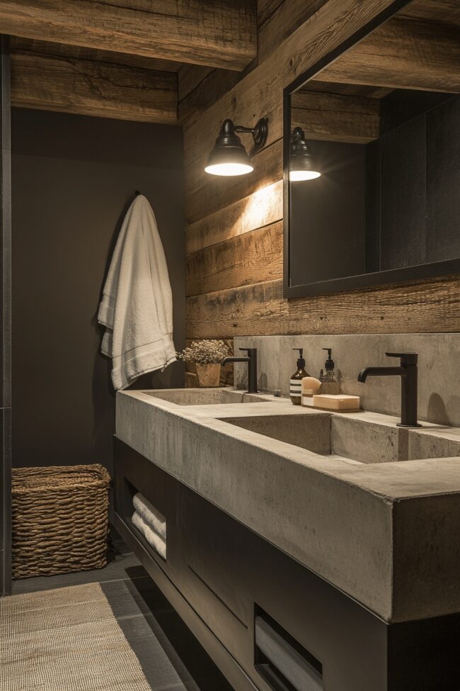 Raw Industrial Bathroom with Exposed Beams